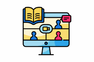 a computer with three people on the screen