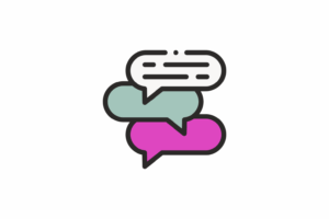 Three speech bubbles in different colours
